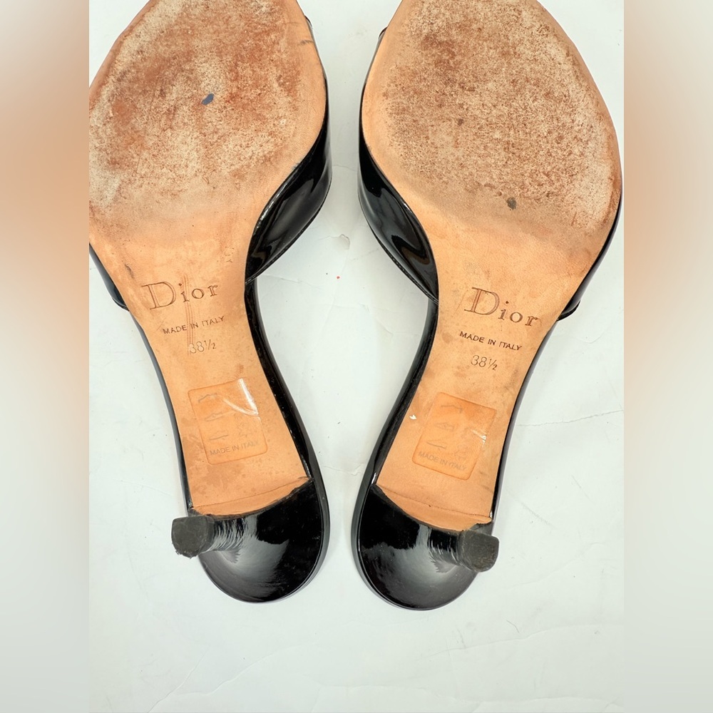 Dior Black Patent Leather Open-Toe Heels with Silver & Pink 'D' Charms - Picture 3 of 9